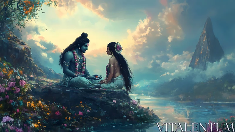 Digital painting of divine lovers in luminous river landscape.