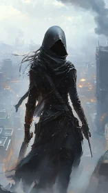 Hooded urban wraith stalking through a smoldering skyline.