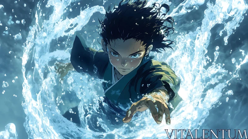 Young figure manipulates circular water motion in midair