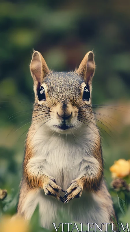 Garden sentinel squirrel stands poised in softly blurred bloom