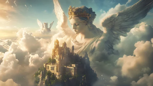 Crowned cloud guardian watching over a sunlit sky city.