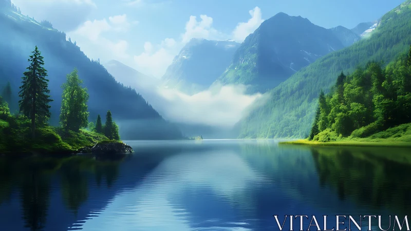 Gentle morning mist drifting over a quiet mountain lake.