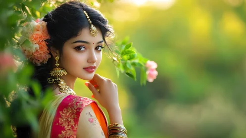 Elegant Indian Woman in Traditional Attire with Floral Accents, Soft Portrait.