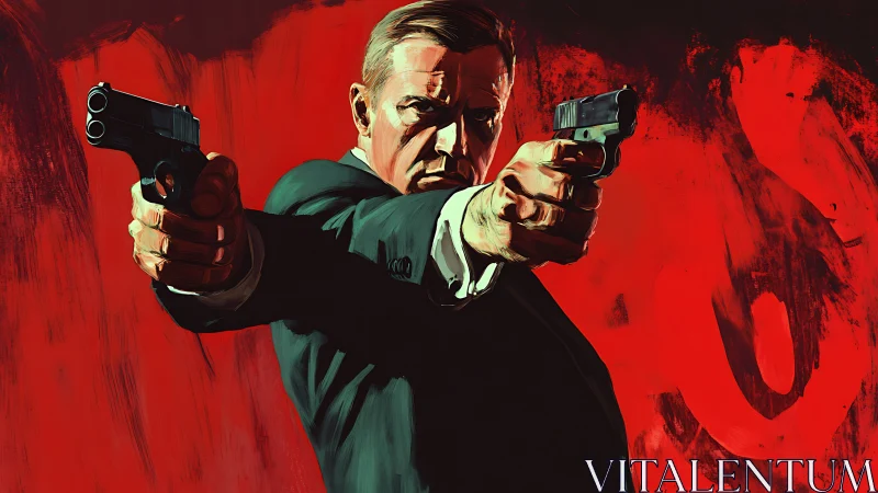 Intense secret agent holds two guns against blazing red backdrop