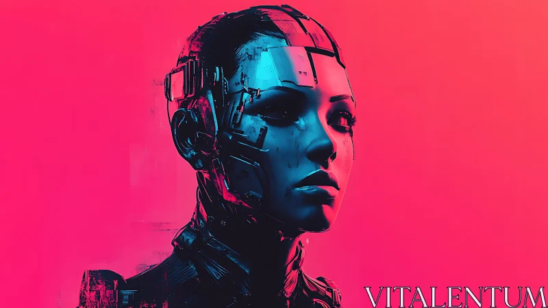 Neon cyan magenta cyborg portrait with reflective plating.