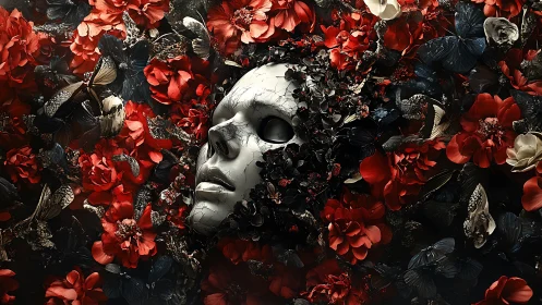 Silent porcelain face cradled in wild crimson petals.