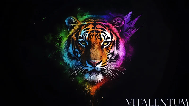 Multicolor tiger portrait on black background in digital style.