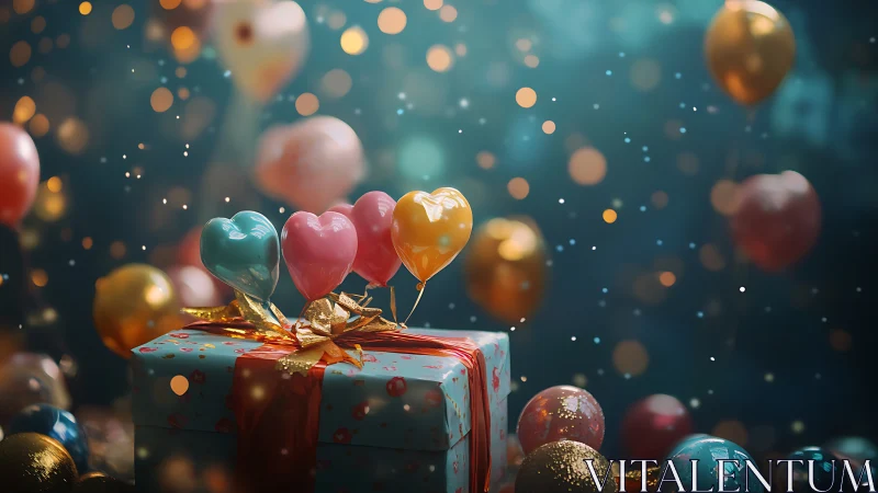Magical Gift Box With Shimmering Heart Balloons.