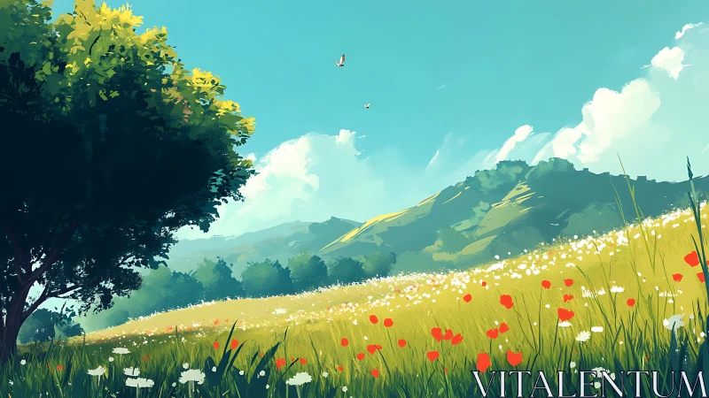 Vast sunlit meadow with wildflowers before distant hills