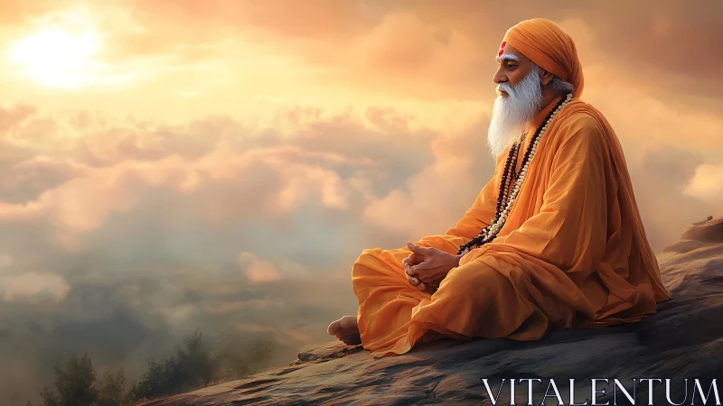 Meditative sage in orange robes above glowing cloud horizon.