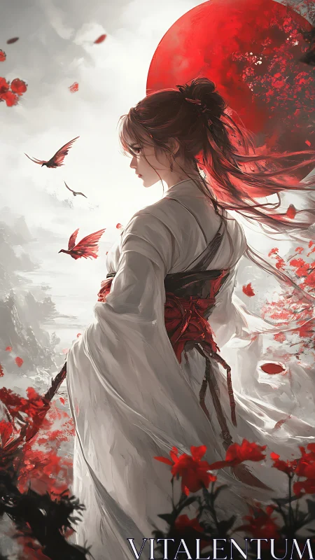 Crimson moon sentinel in wind-torn silk and falling petals.