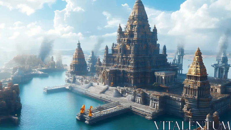 Sunlit Waterborne Temple-City Dreaming Above Quiet Seas.