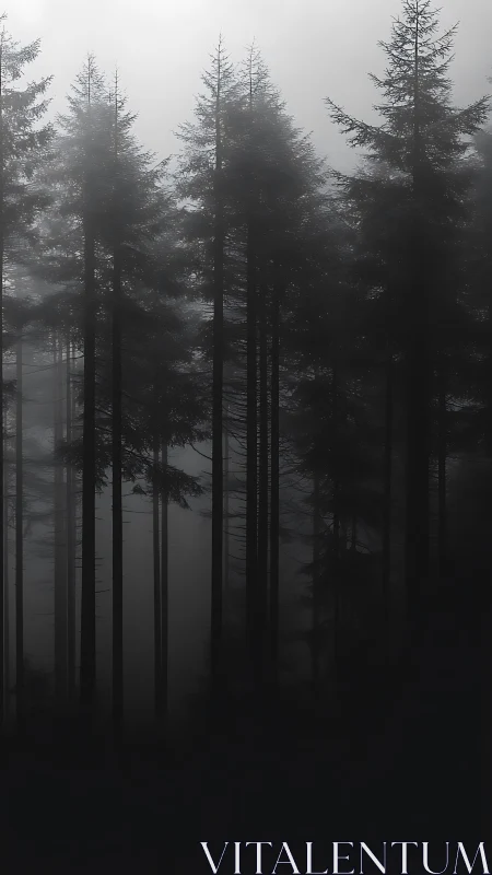 Misty Forest Silhouettes: Tall Conifers in Dense Fog.