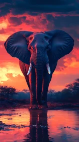 Sunset-drenched elephant strides forward through mirrored fire