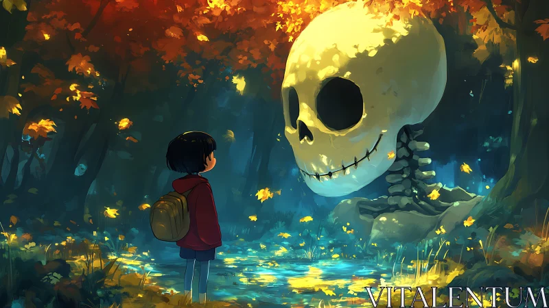 Child confronting colossal skull by luminous forest pond