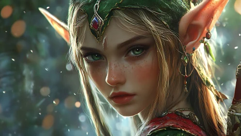 Forest elf guardian with luminous green, freckled gaze.
