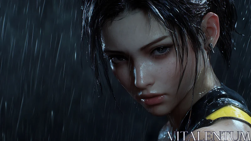 Wet-haired heroine glares through rain-soaked darkness.