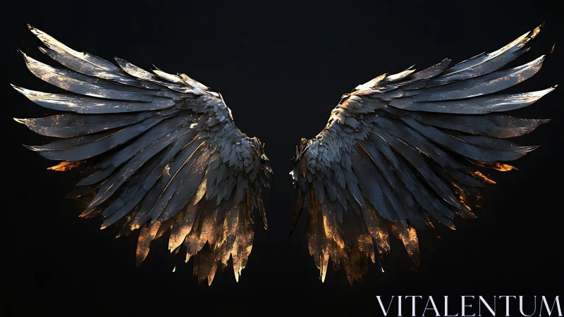 Luminous metallic angel wings blaze against a deep void