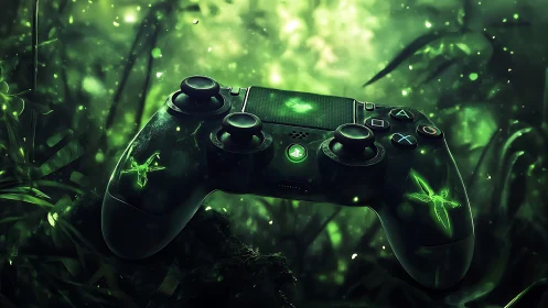 Gaming Controller Immersed in Luminous Bioluminescent Forest.