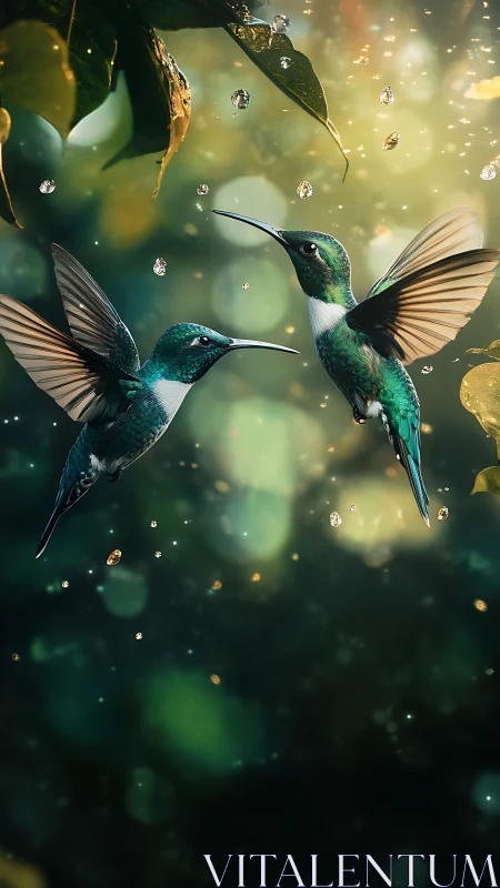 Two emerald hummingbirds in midair with glowing droplets.
