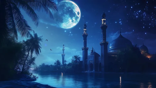 Moonlit riverside mosque under deep sapphire night sky.