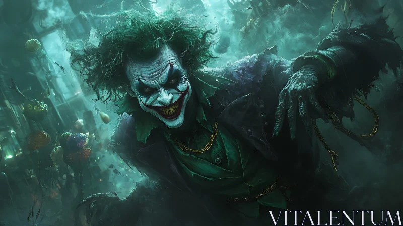 Grinning clown figure advances through dense green misted scene