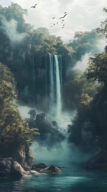 Tall waterfall drops into misty forested canyon lake