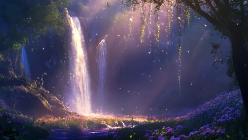 Enchanted forest waterfall under glowing twilight haze.