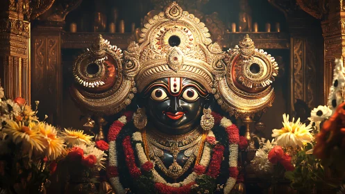 Intricately adorned Hindu deity idol with garlands and gilded crown