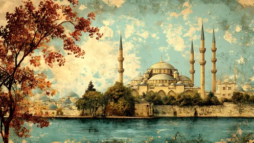 Historic riverside mosque with minarets in stylized landscape.