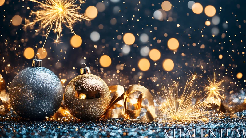 Glittering baubles, sparklers and ribbon on dark background.