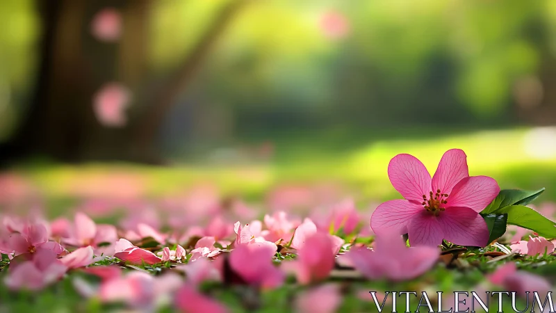 Pink Flowers Cascade Across Green Garden. Soft Focus Bloom.