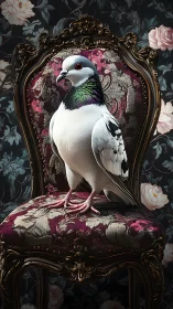 Regal white pigeon on baroque velvet chair in florals.