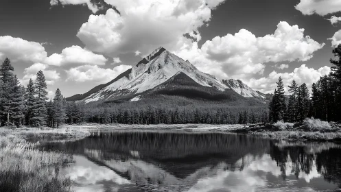 Monochrome alpine peak with forest and reflective lake scene.