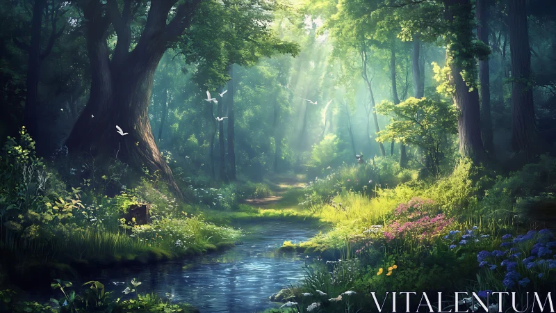 Enchanted Forest Stream with Radiant Sunlight and Blooming Flowers