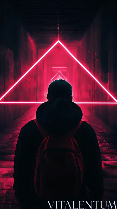 Silhouetted traveler faces neon triangular tunnel portal.