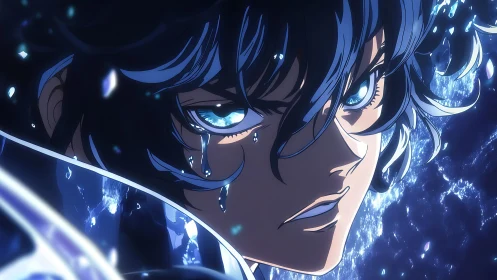 Intense anime warrior with glowing blue eyes and tears.