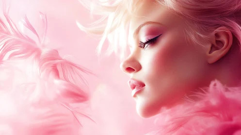 Feathered daydream drifts around a rose-lit porcelain profile