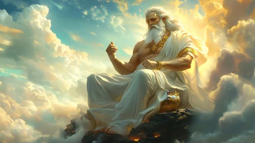 Regal sky god seated on clouds in radiant light.