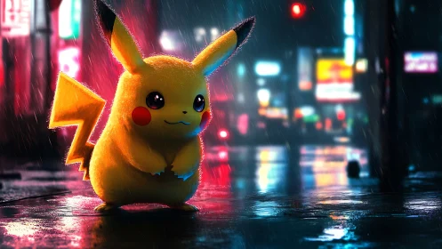 Neon lit Pikachu standing on wet cyberpunk city street.