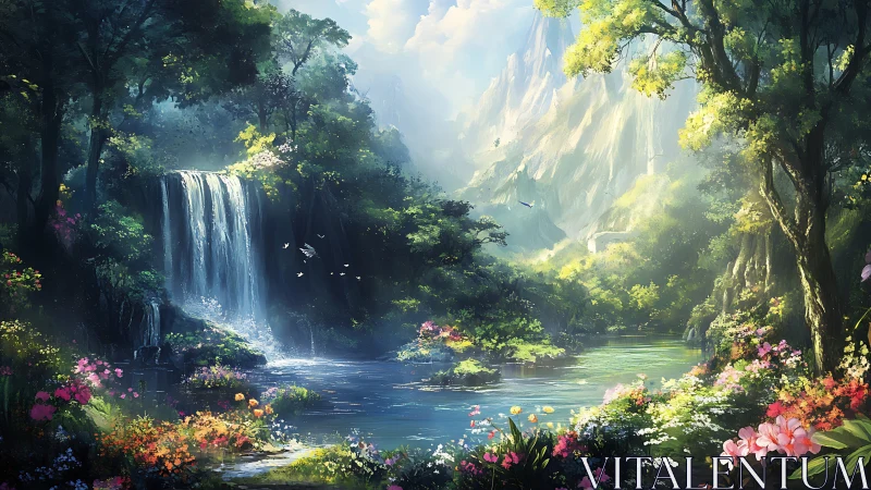 Digital landscape of forest waterfall, river and flowers.