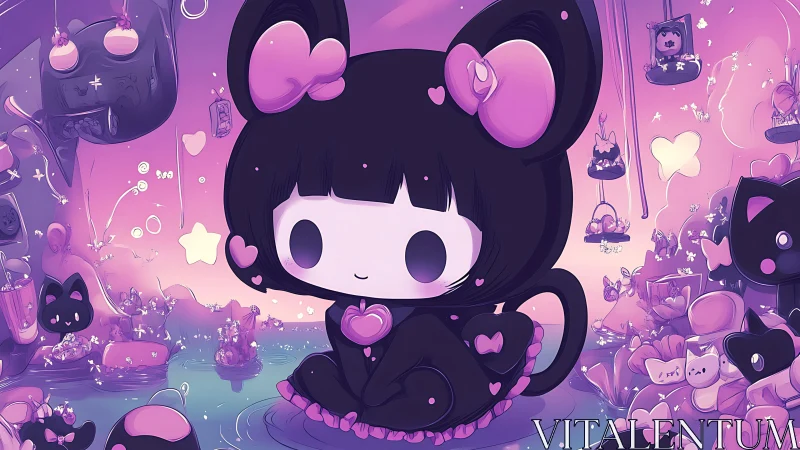 Kawaii gothic cat girl in pastel purple fantasy landscape.