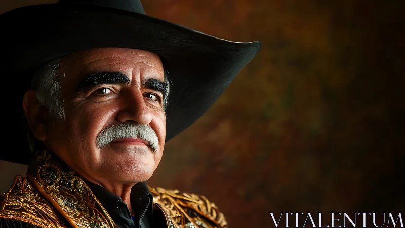 Older man in ornate charro jacket wears wide black hat