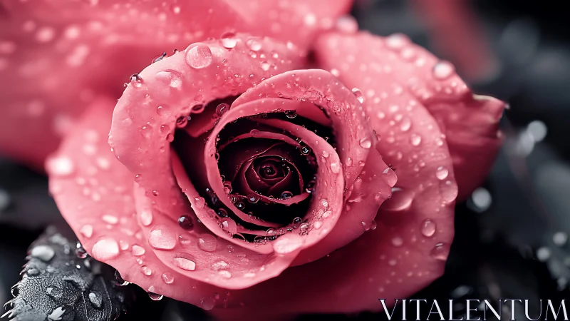 Pink rose glistening with fresh raindrops and morning dew