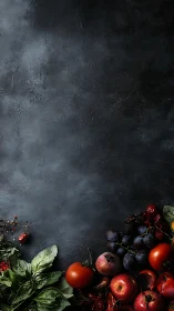 Midnight harvest tableau of basil, tomatoes, apples, grapes.