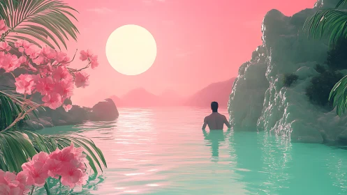 Man wades through neon lagoon under pastel sun.