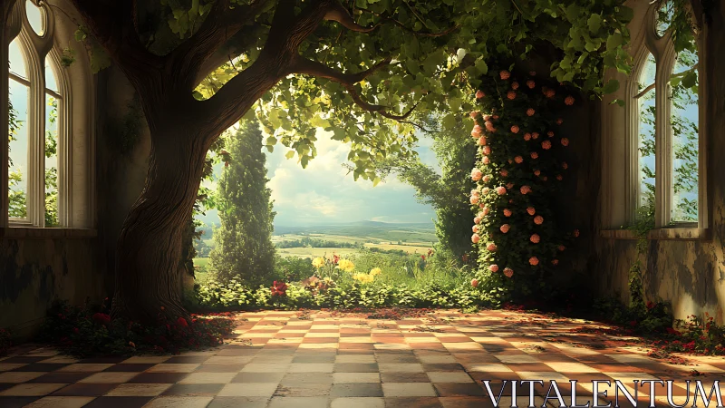 Sunlit ruin with tree portal overlooking pastoral valley