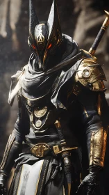 Armored jackal guardian in ornate black and gold regalia.