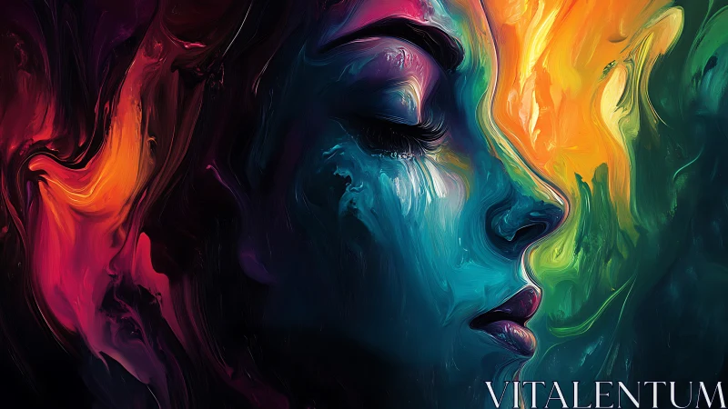 Prismatic portrait merges fluid color and silent emotion.