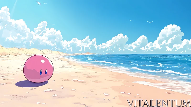 Soft pink orb character on sunlit shoreline panorama.